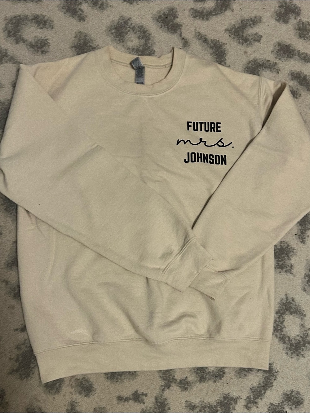 Gildan Cream Crewneck Sweatshirt with "Future Mrs. Johnson" Print